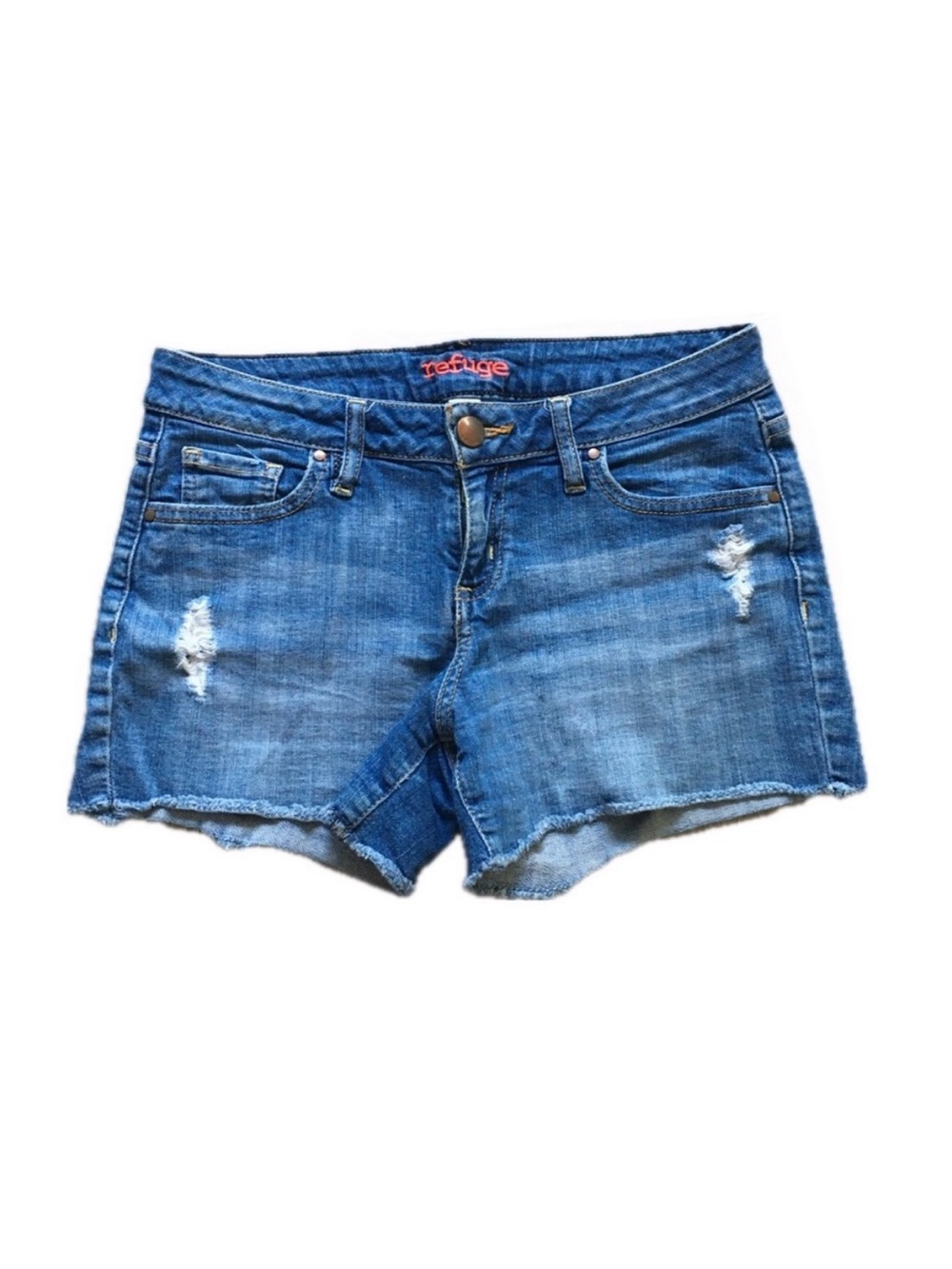 Refuge Cotton and Spandex Medium Blue Wash Color Jean Shorts with Raw Frayed Hem